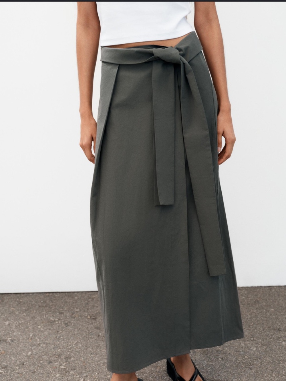 Zara Olive Green Wrap Maxi Skirt with Waist Tie